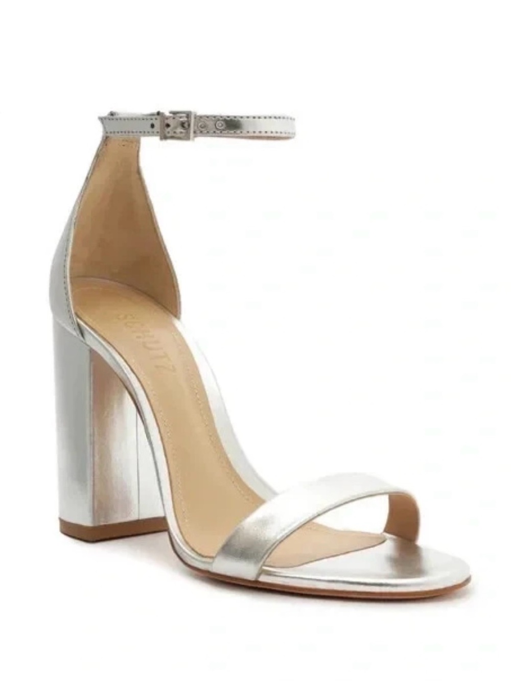SCHUTZ Cadey Lee Silver Metallic Block Heel Ankle-Strap Sandal